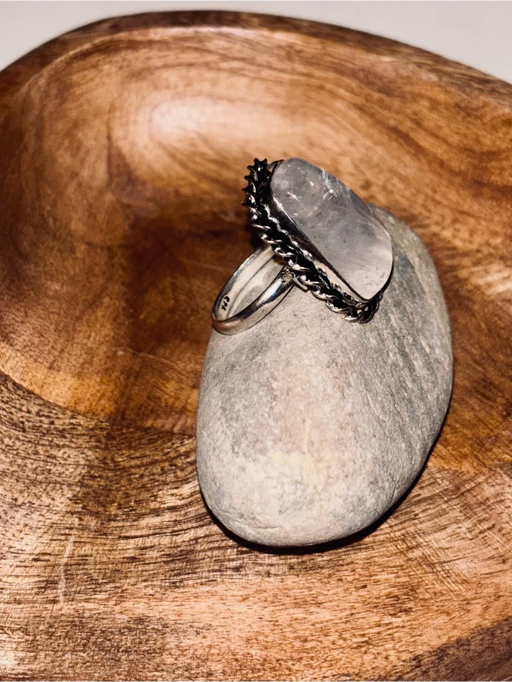 Celestial Veil Quartz Statement Ring Sterling Silver Plated Size 6
